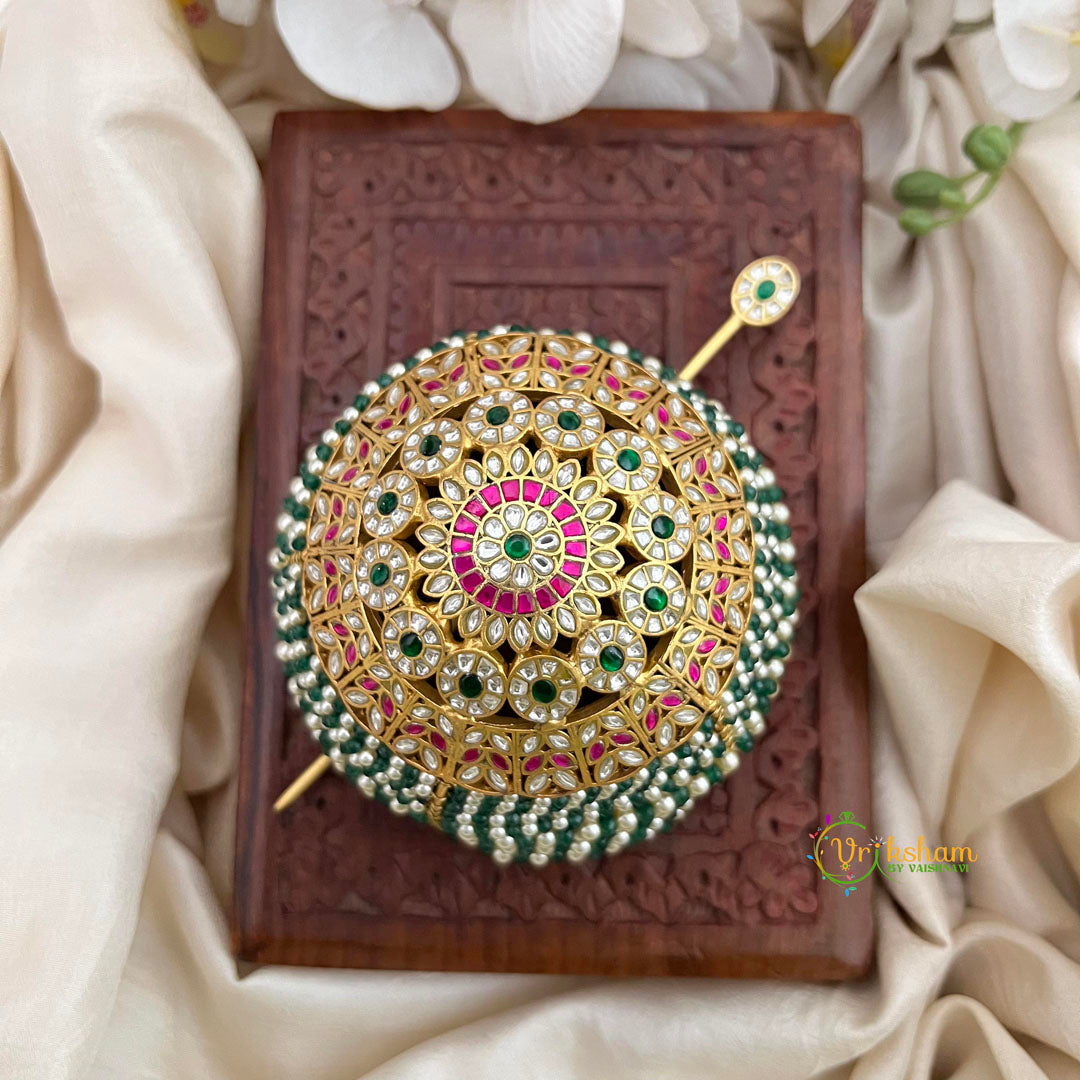 Floral Traditional Emerald Green and Pearl Moti Juda Pin Bun Cage-Vriksham-G22470