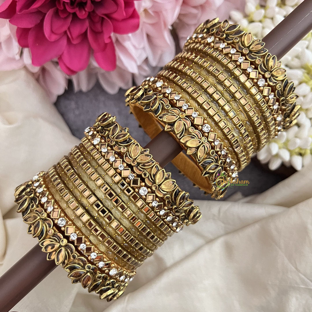 Vriksham Golden With Golden Lotus & Kundan Style Silk Thread Bangle Set-G19883