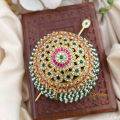 Floral Traditional Emerald Green and Pearl Moti Juda Pin Bun Cage-Vriksham-G22470