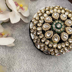 Vriksham Regal Green Enamel & Crystal-Encrusted Statement Clutch Style With Hair Bun Cage Accessory-H1300