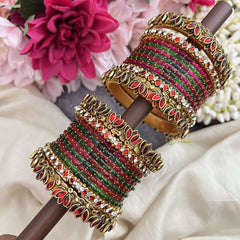 Vriksham Pink Green With Red Lotus & Kundan Style Silk Thread Bangle Set-G19884