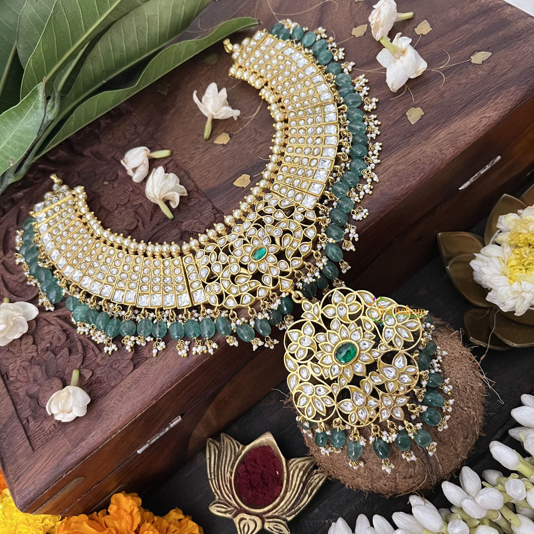 Vriksham Possibly With Floral Pendant Style Short Neckpiece-White-Aqua Green Bead-J3347
