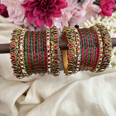 Vriksham Elegant Pink Green With Red Lotus & Kundan Floral Style Silk Thread Bangle Set-G19879