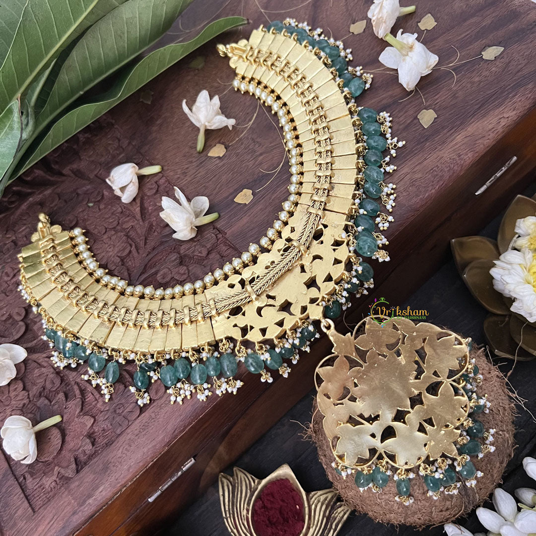 Vriksham Possibly With Floral Pendant Style Short Neckpiece-White-Aqua Green Bead-J3347