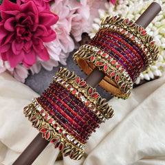 Vriksham Red Purpel With Red Lotus & Kundan Style Silk Thread Bangle Set-G19885