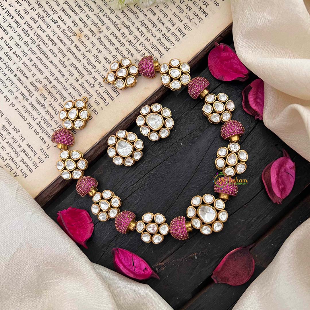 Unique Floral Victorian Diamond Short Neckpiece -Pink-VV1482