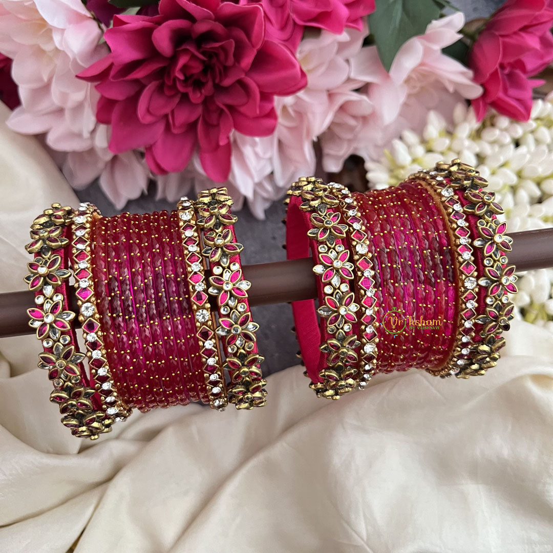 Vriksham Traditional Pink & Gold Bridal Bangle Set with Kundan Floral Detailing Style Silk Thread Bangle Set-G19888