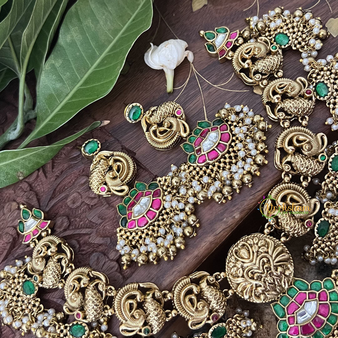 Vriksham Peacock With Gold Plated Style Kundan Jadau Short Neckpiece-Green Red-J3351