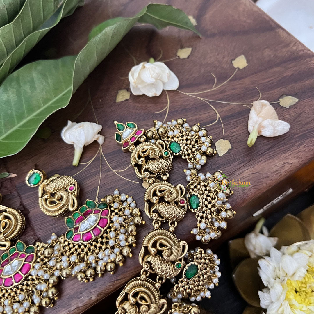 Vriksham Peacock With Gold Plated Style Kundan Jadau Short Neckpiece-Green Red-J3351