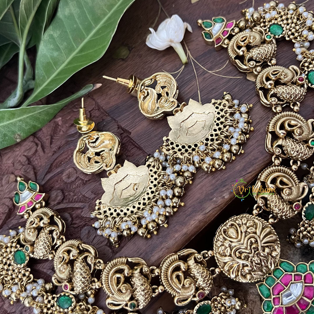Vriksham Peacock With Gold Plated Style Kundan Jadau Short Neckpiece-Green Red-J3351