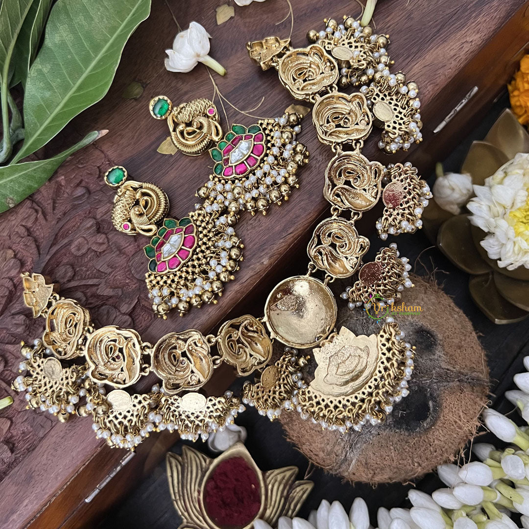 Vriksham Peacock With Gold Plated Style Kundan Jadau Short Neckpiece-Green Red-J3351