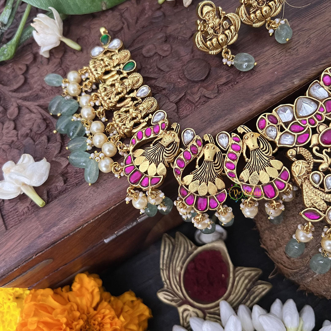 Vriksham Designer Lakshmi Side Style Kundan Jadau Short Neckpiece-Aqua Green Bead-J3385