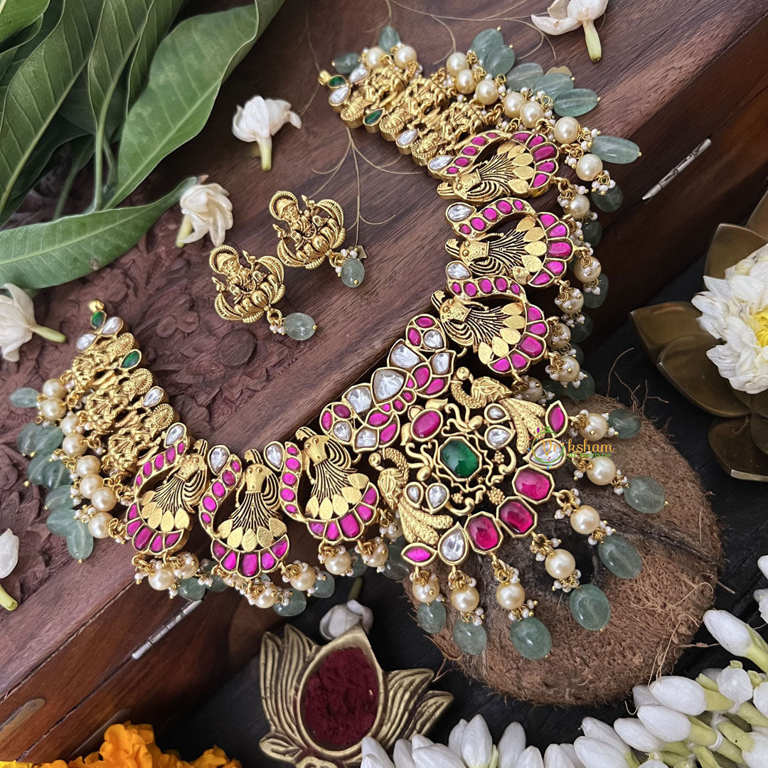 Vriksham Designer Lakshmi Side Style Kundan Jadau Short Neckpiece-Aqua Green Bead-J3385