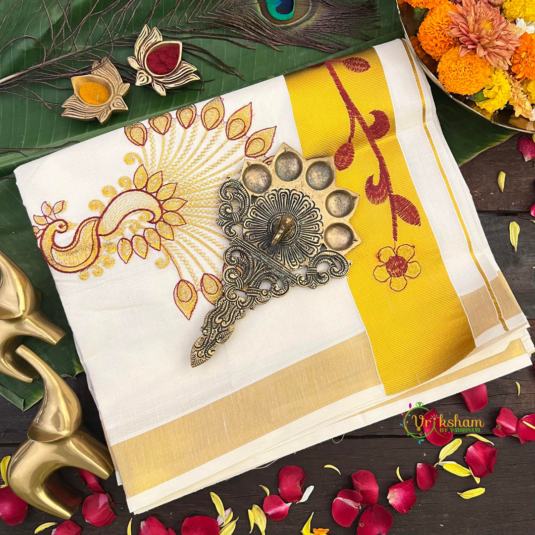 Kerala Kasavu Traditional Peacock Motif Embroidery Off-White & Gold Kerala Saree-Vriksham-VS5126