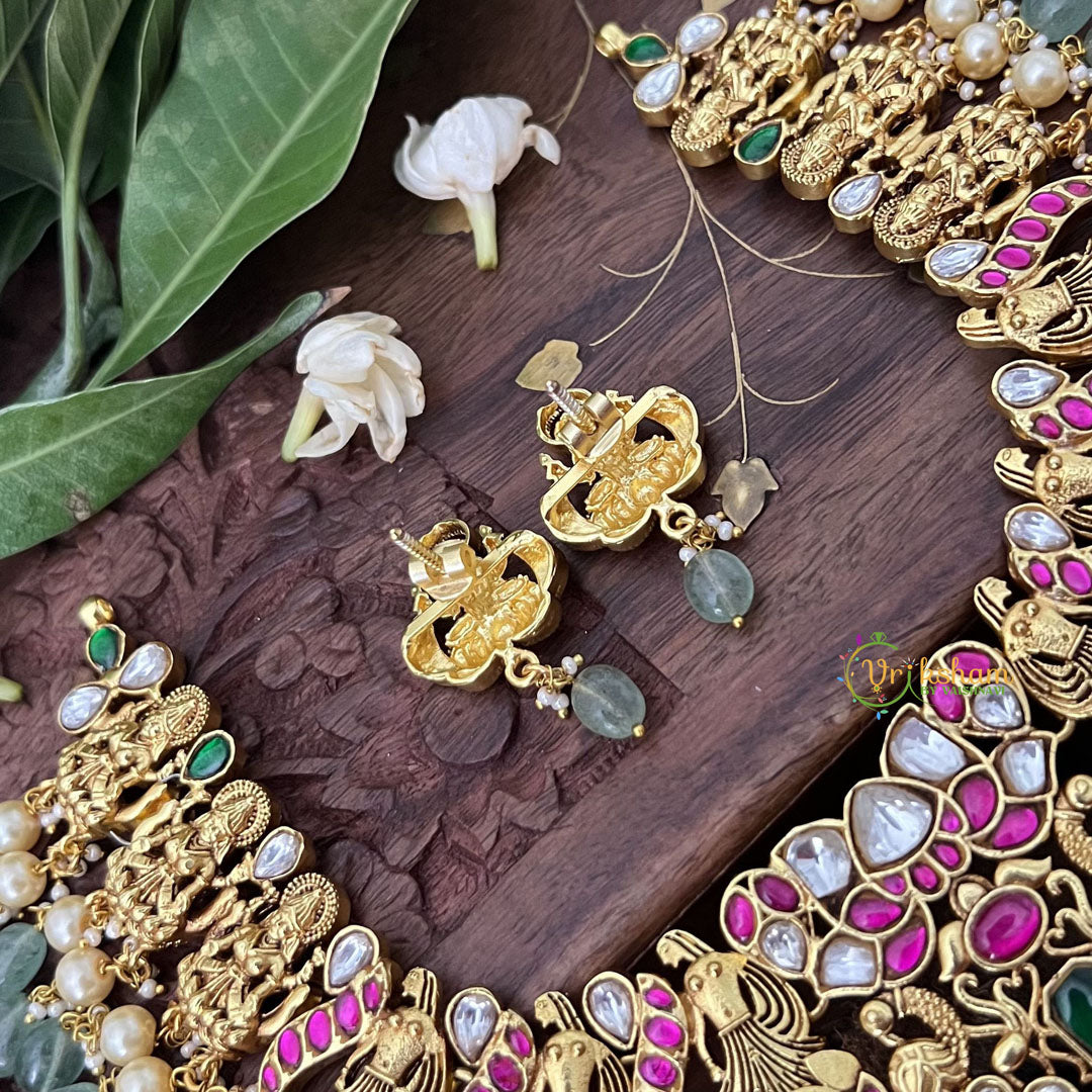 Vriksham Designer Lakshmi Side Style Kundan Jadau Short Neckpiece-Aqua Green Bead-J3385