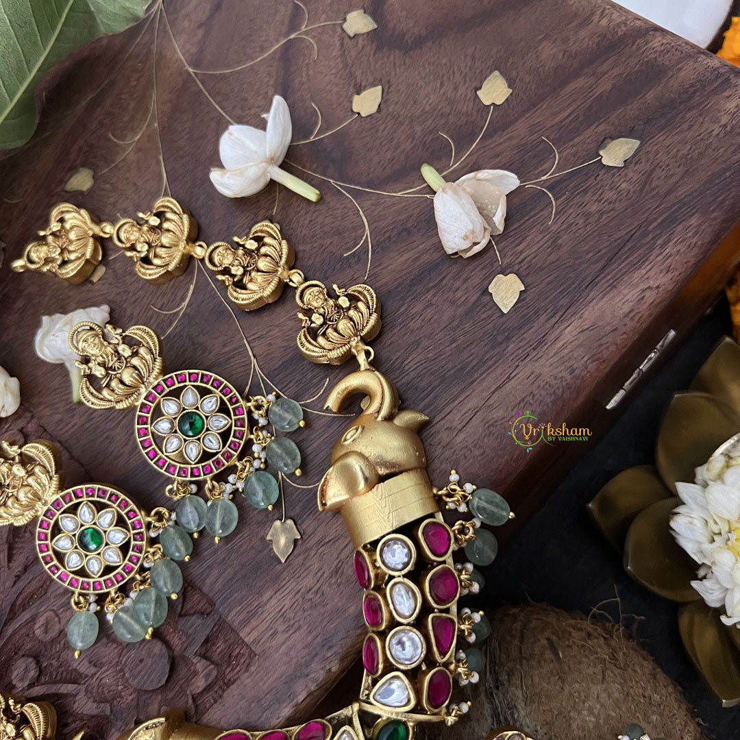 Vriksham Elephant Style With Peacock Pendant Kundan Jadau Short Neckpiece-White Red -Aqua Green Bead-J3360