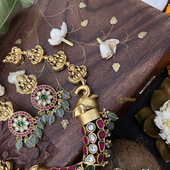 Vriksham Elephant Style With Peacock Pendant Kundan Jadau Short Neckpiece-White Red -Aqua Green Bead-J3360