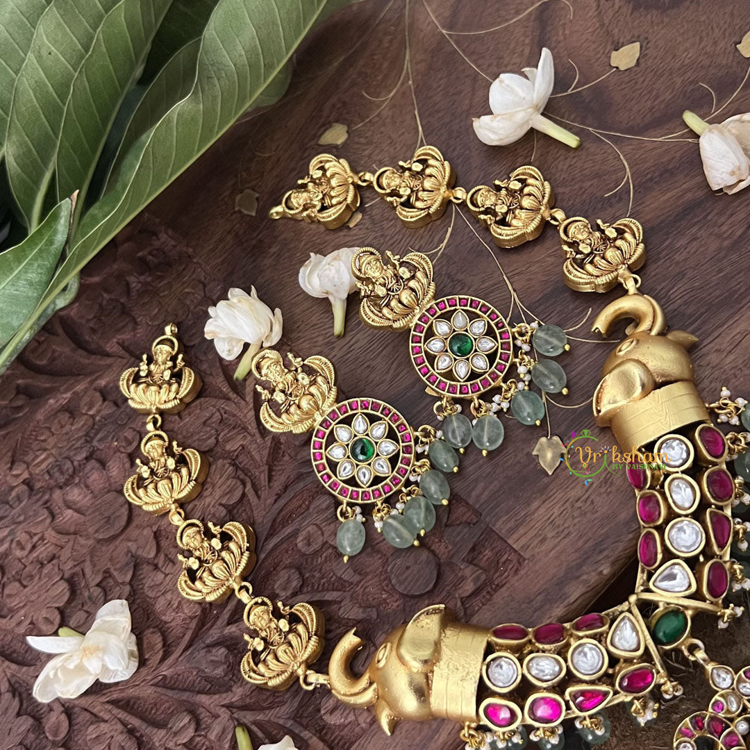 Vriksham Elephant Style With Peacock Pendant Kundan Jadau Short Neckpiece-White Red -Aqua Green Bead-J3360