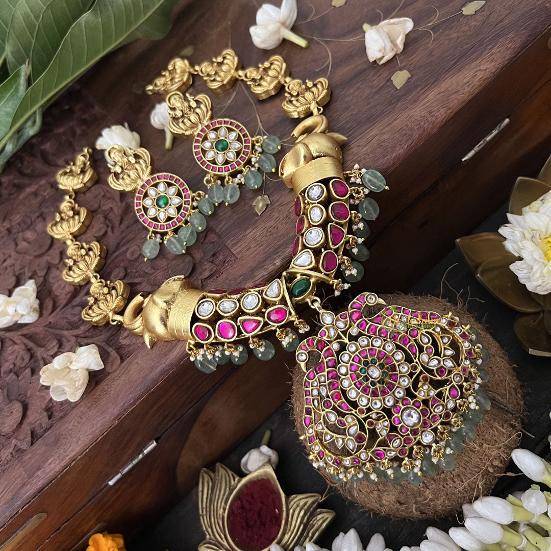 Vriksham Elephant Style With Peacock Pendant Kundan Jadau Short Neckpiece-White Red -Aqua Green Bead-J3360