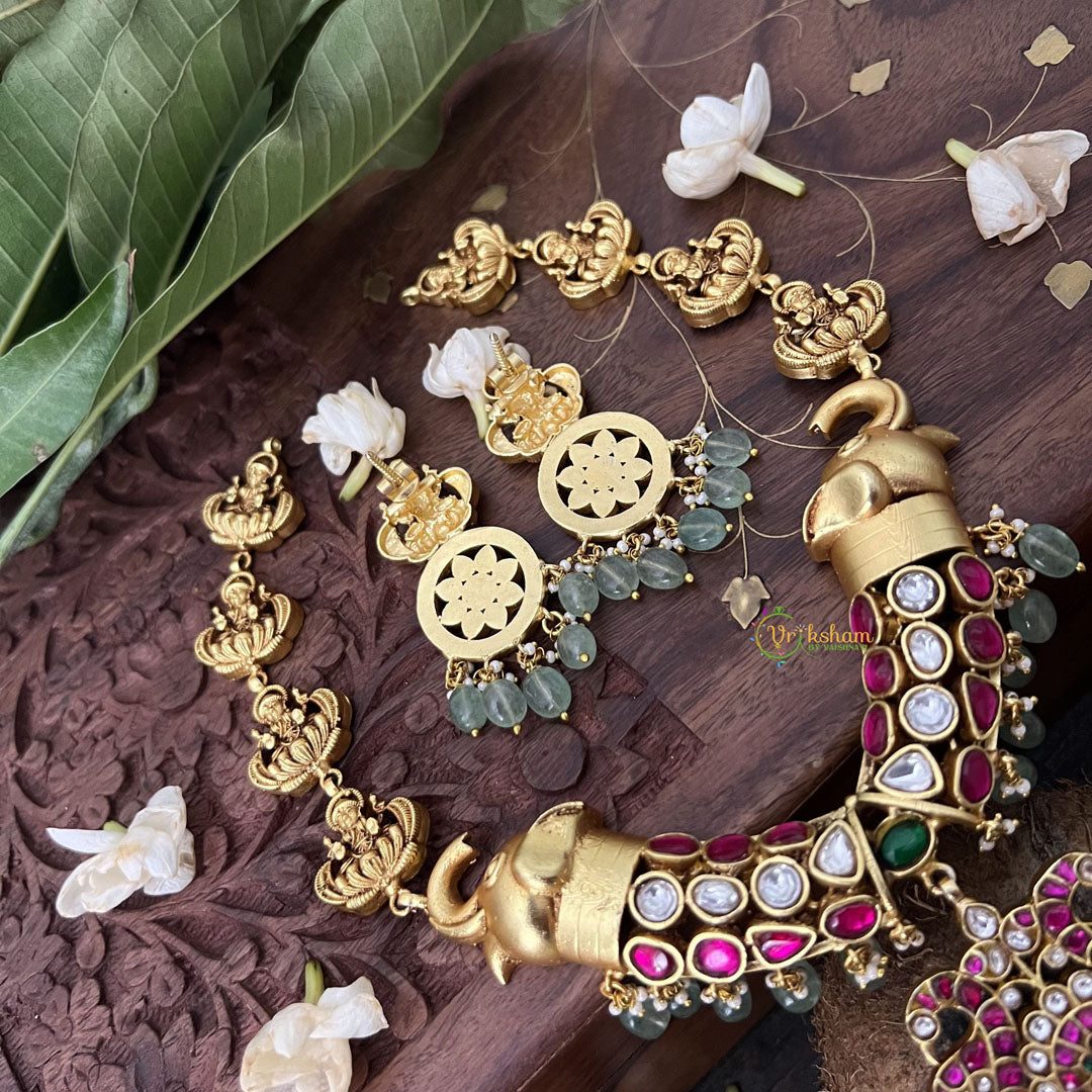 Vriksham Elephant Style With Peacock Pendant Kundan Jadau Short Neckpiece-White Red -Aqua Green Bead-J3360