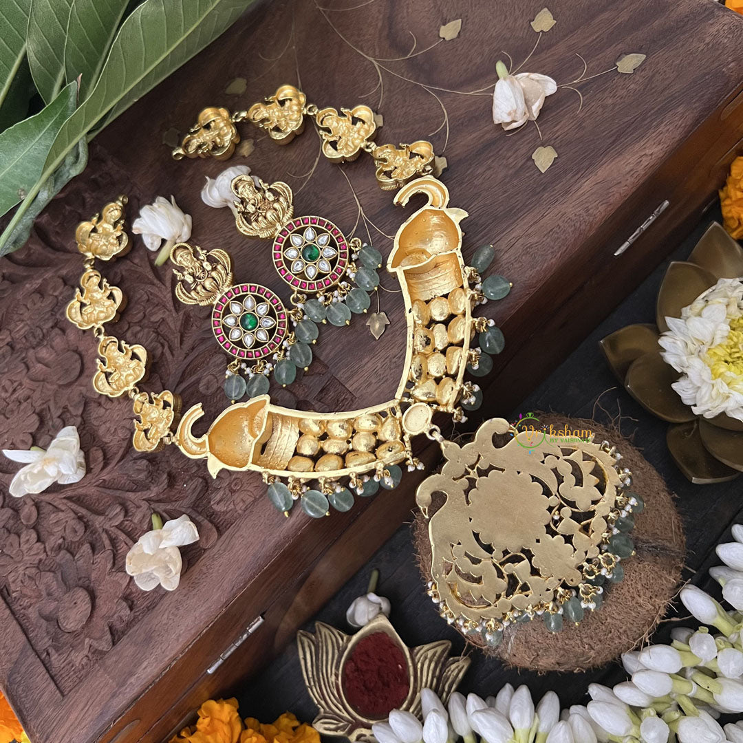 Vriksham Elephant Style With Peacock Pendant Kundan Jadau Short Neckpiece-White Red -Aqua Green Bead-J3360