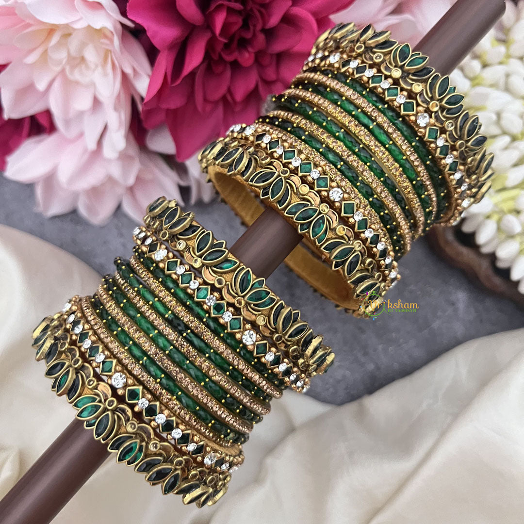 Vriksham Green & Gold Stone Glass Bangle Set with Kundan Floral Work Silk Thread Bangle Set-G19896