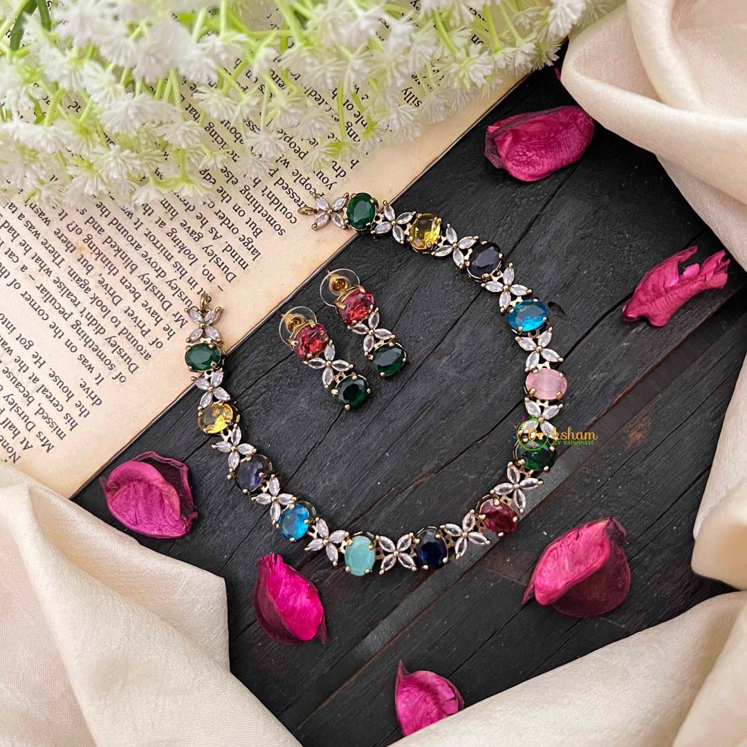 Simple Navrathna Victorian Diamond Neckpiece-VV1754