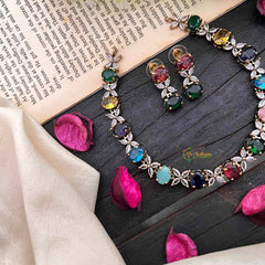 Simple Navrathna Victorian Diamond Neckpiece-VV1754