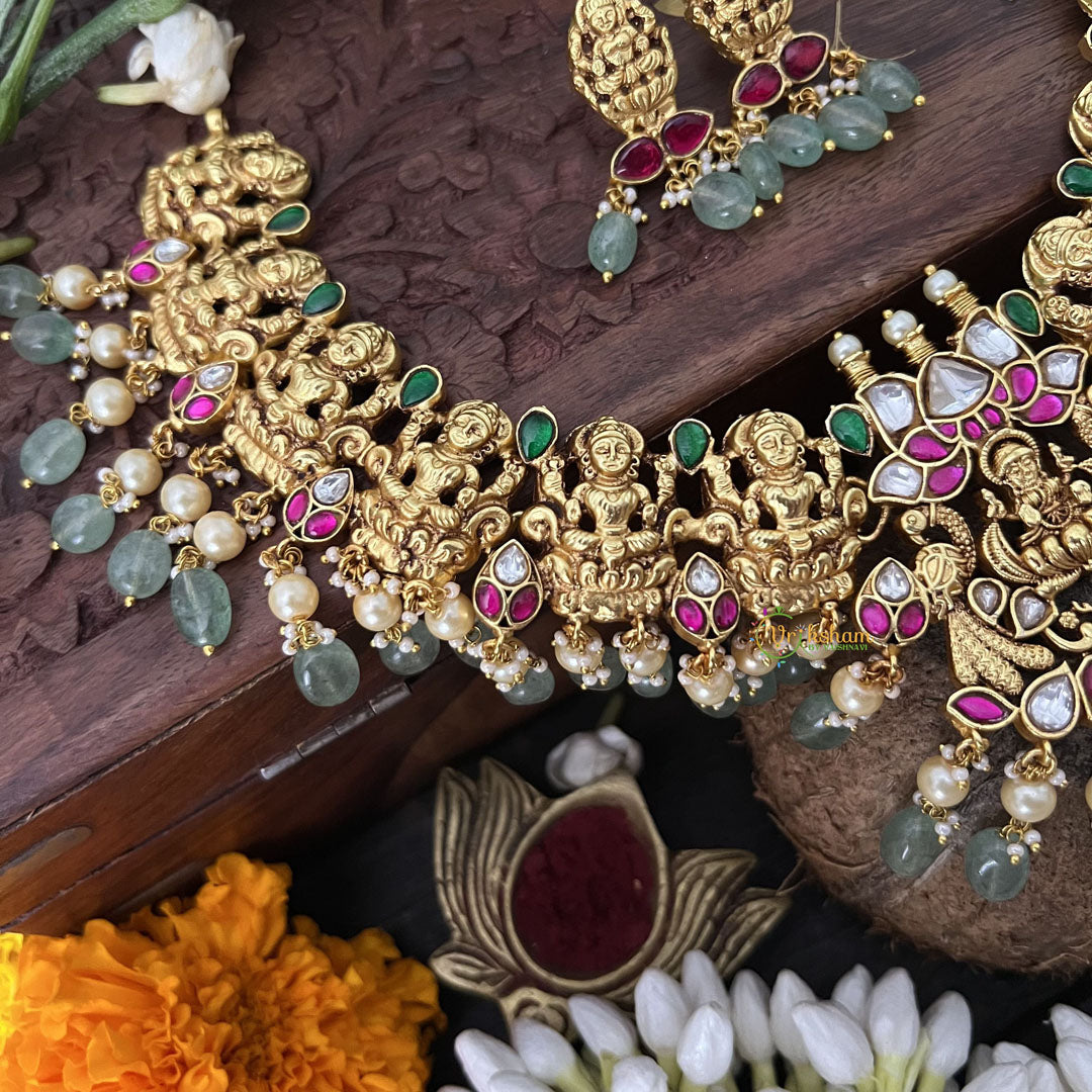 Vriksham Designer Lakshmi Style Pendant Kundan Jadau Neckpiece-Green-Aqua Green Bead-J3393