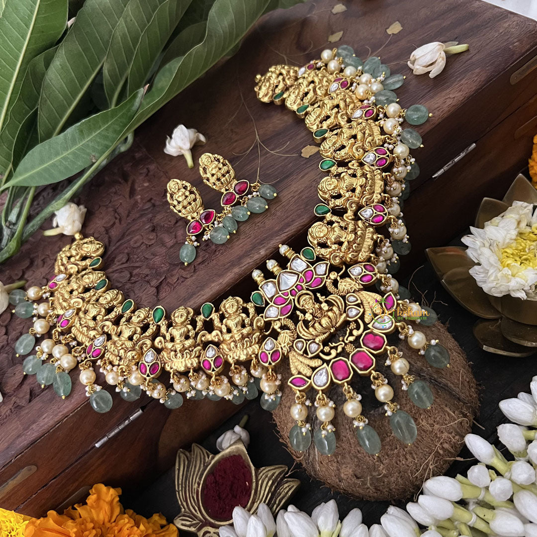 Vriksham Designer Lakshmi Style Pendant Kundan Jadau Neckpiece-Green-Aqua Green Bead-J3393