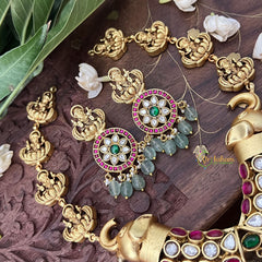 Vriksham Elephant Style With Peacock Pendant Lakshmi Kundan Jadau Short Neckpiece-White Red-Aqua Green Bead-J3449