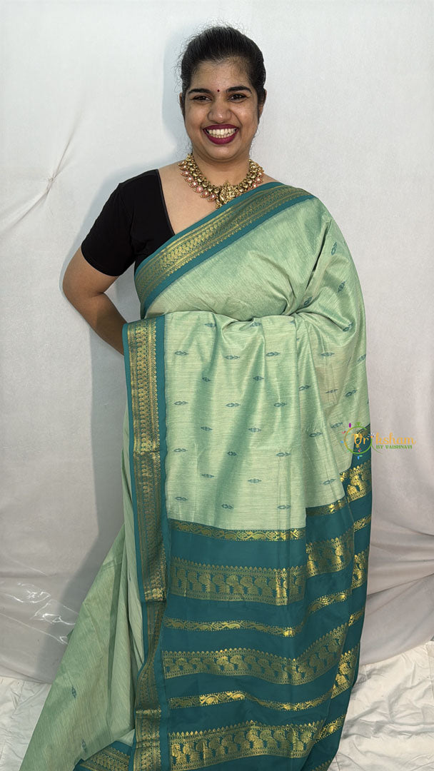 Vriksham Light Mint Green With Bule Border-Kalyani Cotton Saree-VS4570