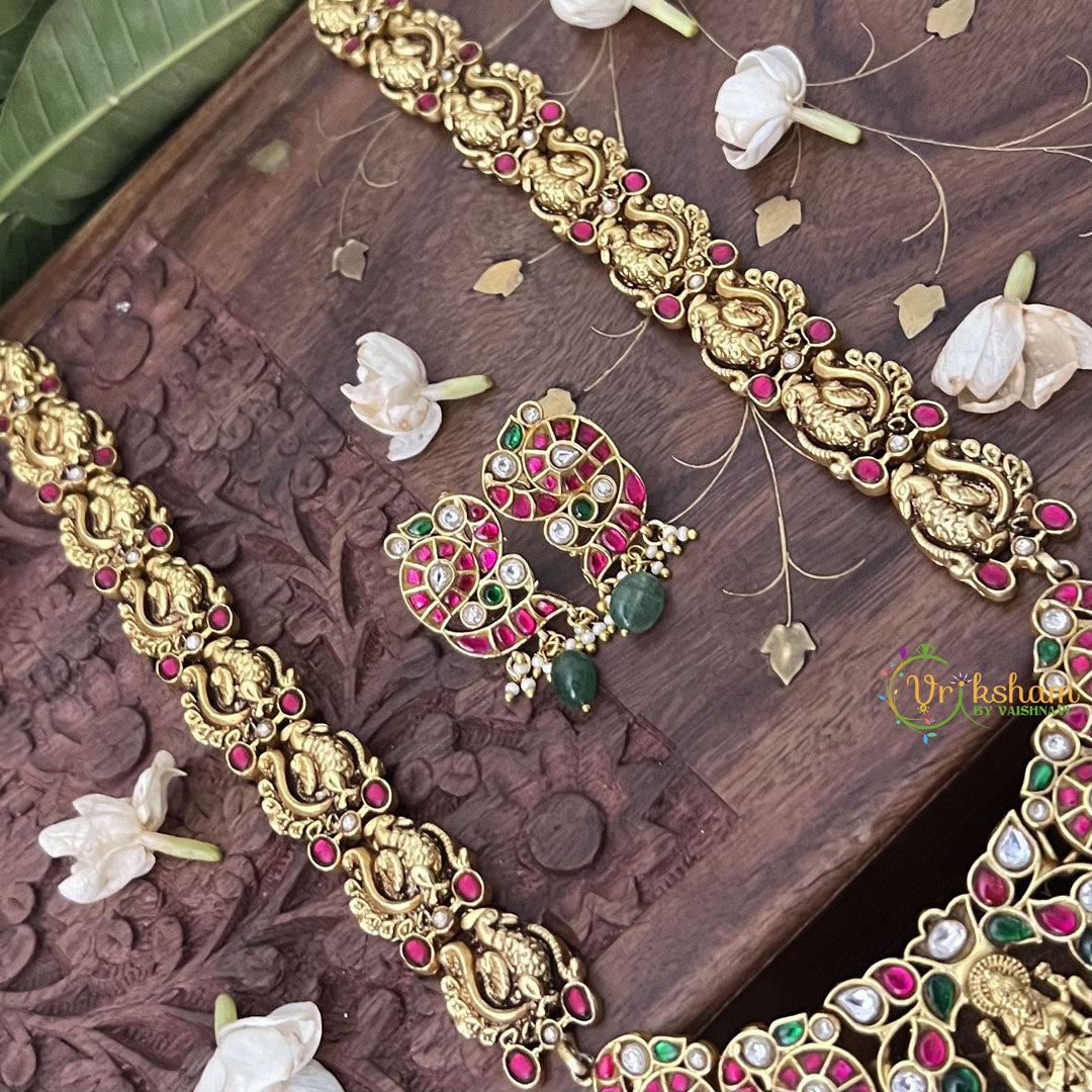 Vriksham Peacock Jodi Style Lakshmi Kundan Jadau Short Neckpiece-White Red Green-Green Bead-J3359