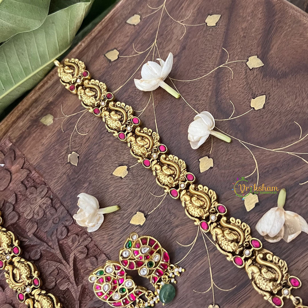 Vriksham Peacock Jodi Style Lakshmi Kundan Jadau Short Neckpiece-White Red Green-Green Bead-J3359