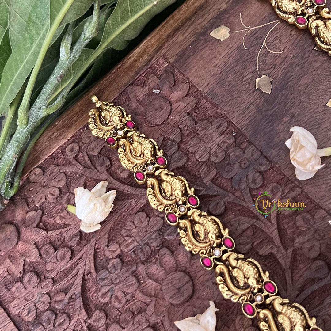 Vriksham Peacock Jodi Style Lakshmi Kundan Jadau Short Neckpiece-White Red Green-Green Bead-J3359