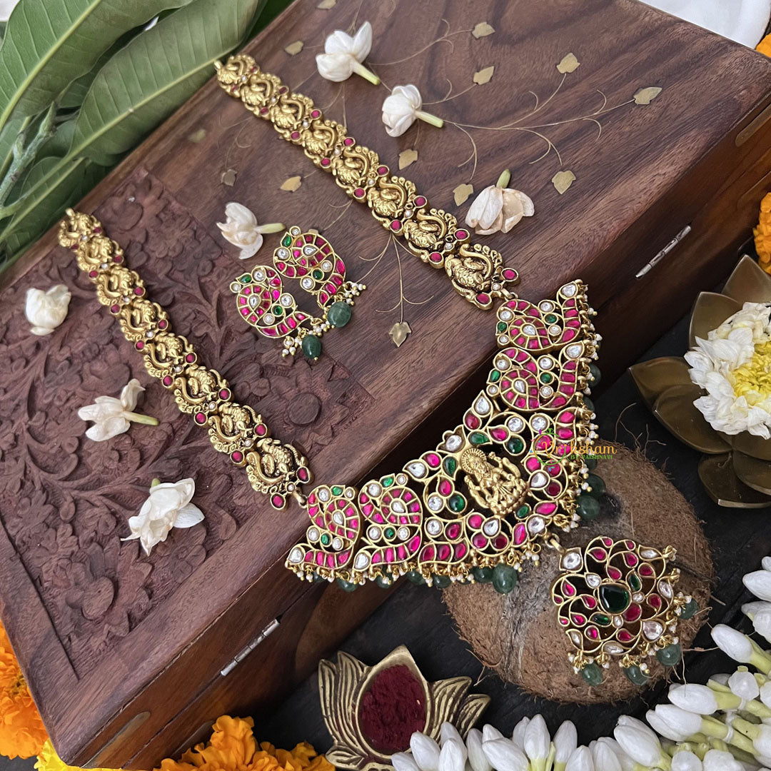 Vriksham Peacock Jodi Style Lakshmi Kundan Jadau Short Neckpiece-White Red Green-Green Bead-J3359