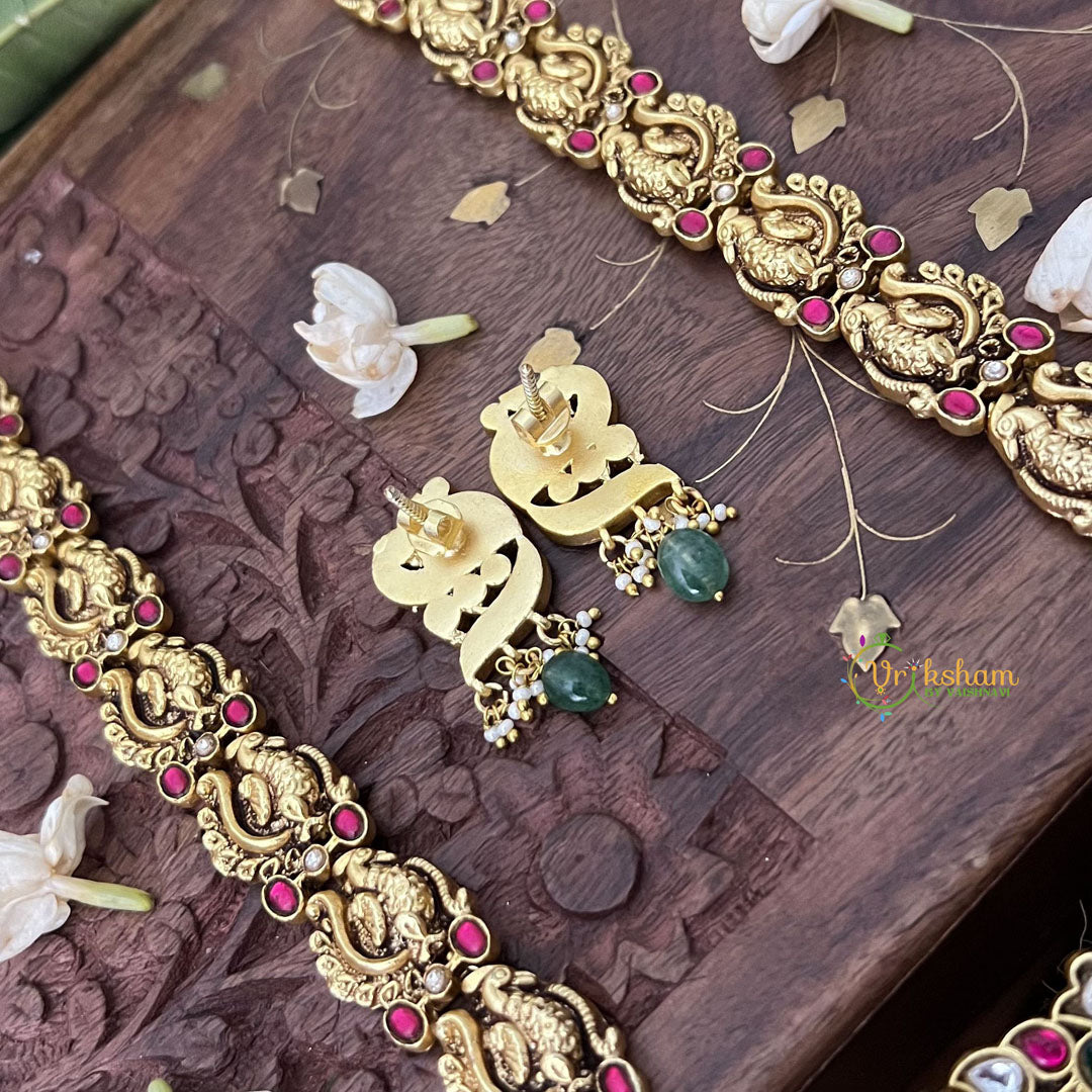 Vriksham Peacock Jodi Style Lakshmi Kundan Jadau Short Neckpiece-White Red Green-Green Bead-J3359