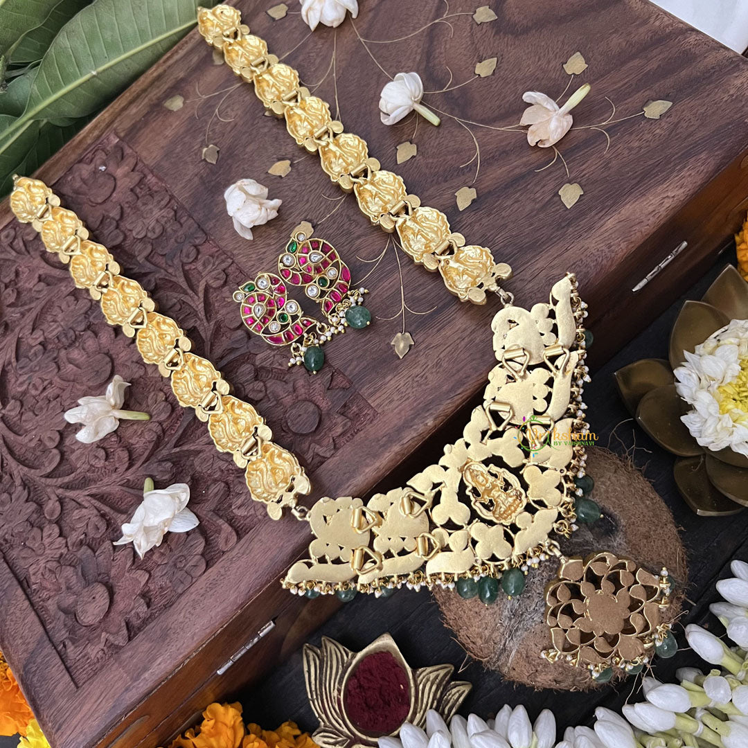 Vriksham Peacock Jodi Style Lakshmi Kundan Jadau Short Neckpiece-White Red Green-Green Bead-J3359