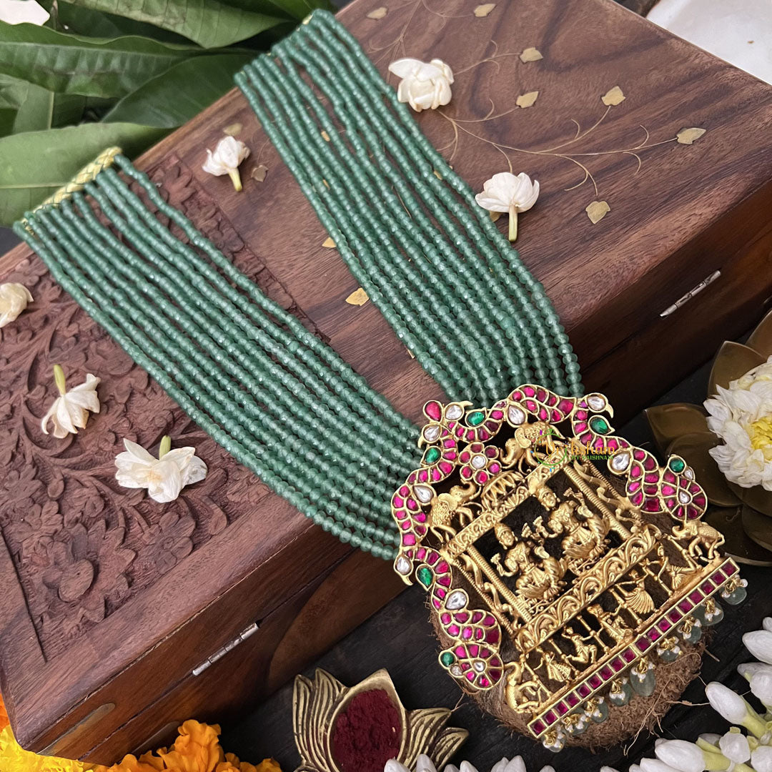 Vriksham Lakshmi Pendant 10 Layer Green Beaded Maala neckpiece-Aqua Green Bead-J3362