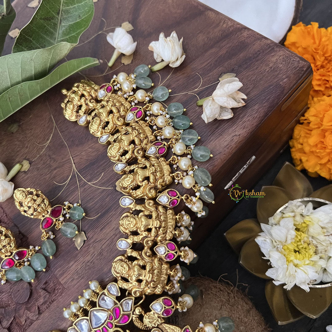 Vriksham God Lakshmi Style Kundan Jadau Short Choker-Aqua Green Bead-J3387