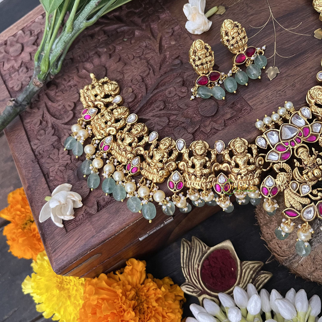 Vriksham God Lakshmi Style Kundan Jadau Short Choker-Aqua Green Bead-J3387