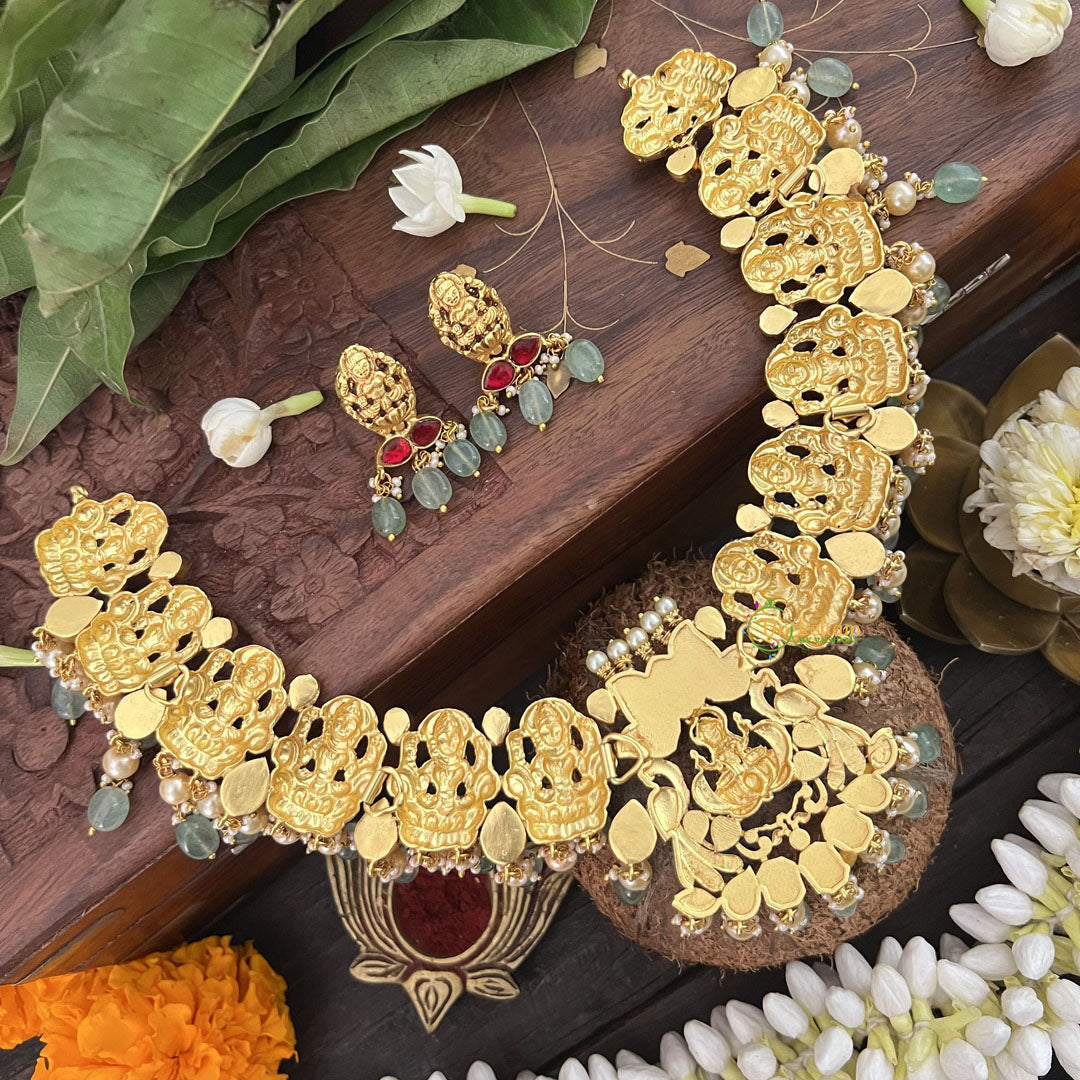 Vriksham God Lakshmi Style Kundan Jadau Short Choker-Aqua Green Bead-J3387