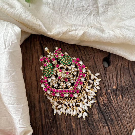 Exquisite Jadau Kundan Dual Peacock Bun Billai - Rice Pearls - J2057