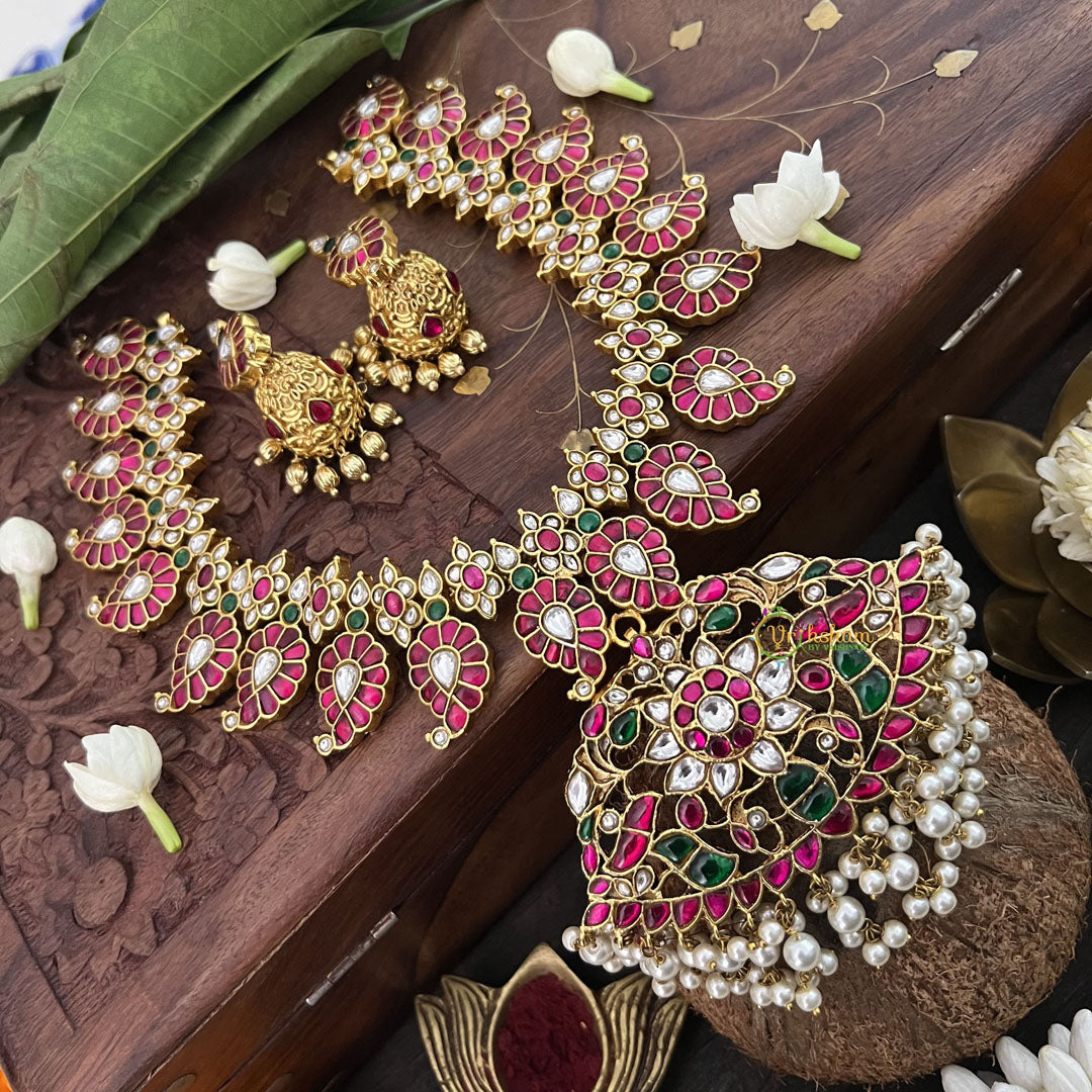 Vriksham Designer Maanga Style Kundan Jadau Neckpiece-Pearl-J3369