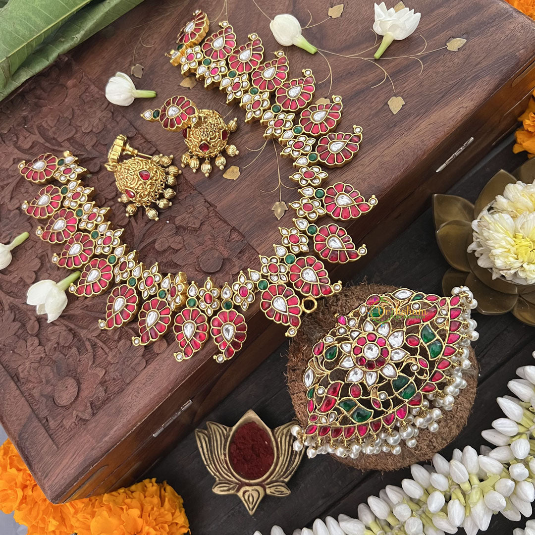 Vriksham Designer Maanga Style Kundan Jadau Neckpiece-Pearl-J3369