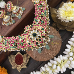 Vriksham South Indian Style Kundan Jadau Neckpiece-Green Aqua Bead-Pearl-J3375