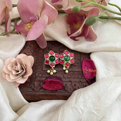 Vriksham Kalyani Gold Tone Floral Kundan Jadau Press Bugadi-Red White & Green-Pearls-J3772