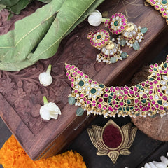 Vriksham South Indian Style Kundan Jadau Neckpiece-Green Aqua Bead-Pearl-J3375