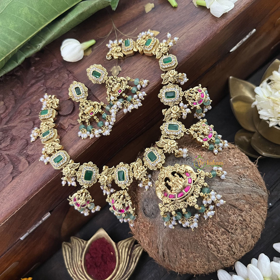 Vriksham Bridal Green Shade Lakshmi Style Kundan Jadau Short Choker-Pearl-J3388