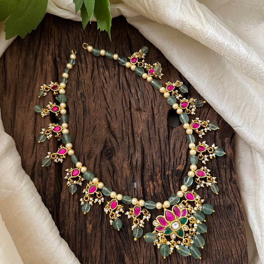 Premium Jadau Kundan Lotus Pendant Neckpiece -Beads and Pearls- J2059